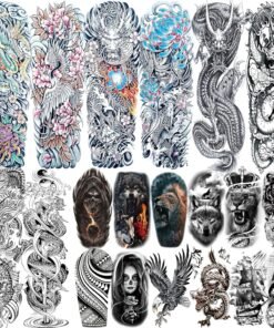 20 Sheets Dragon Full Arm Temporary Tattoos For Men Women Thigh, Carp Myth Crane Phoenix Fake Sleeve Tattoos For Adults
