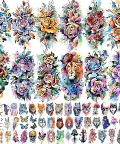 63 Sheets 3D Watercolor Rose Temporary Tattoos For Women Arm Girls Adults, Water Color Peony Flower Tattoo Sticker, Bulk Temp Fake Long Lasting Tattoo Colorful Floral Moon Snake Lion Wolf Tiger