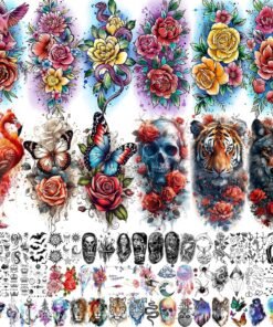 69 Sheets Watercolor Rose Flower Temporary Tattoos For Women Girls Adults Forearm, Flamingo Temp Arm Sleeve Tattoo Peony Florals Red Blue Skull Tiger, Bulk Long Lasting Fake Tattoo Stickers Butterfly