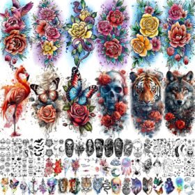 69 Sheets Watercolor Rose Flower Temporary Tattoos For Women Girls Adults Forearm, Flamingo Temp Arm Sleeve Tattoo Peony Florals Red Blue Skull Tiger, Bulk Long Lasting Fake Tattoo Stickers Butterfly