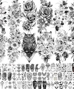 69 Sheets Realistic Peony Rose Flower Temporary Tattoos For Women Girls Arm Thigh, Owl Tiger Floral Waterproof Long Lasting Temp Fake Tattoos For Women, Small Black Tattoo Stickers Kids Finger